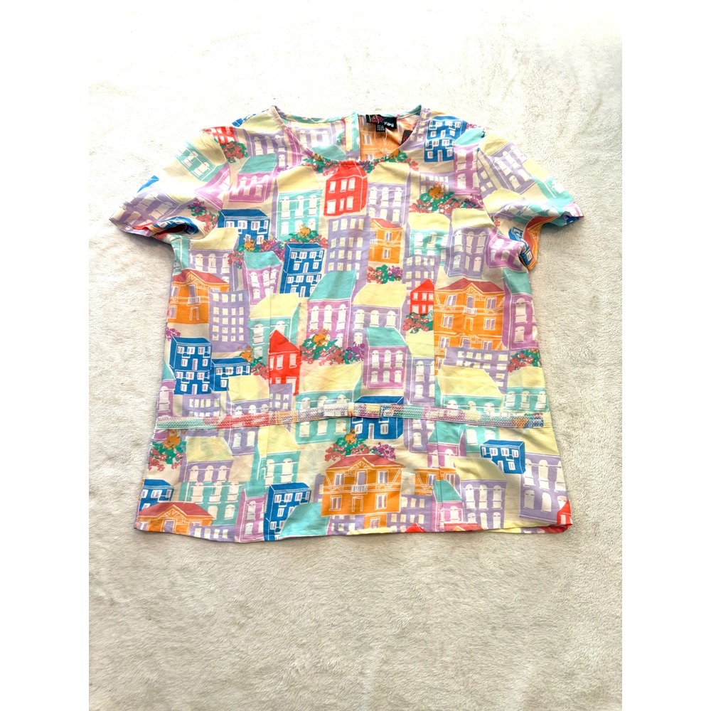 Yumi Cityscape Print Button Back Blouse Short Sleeve Top Multi Color US 8/10 NEW
